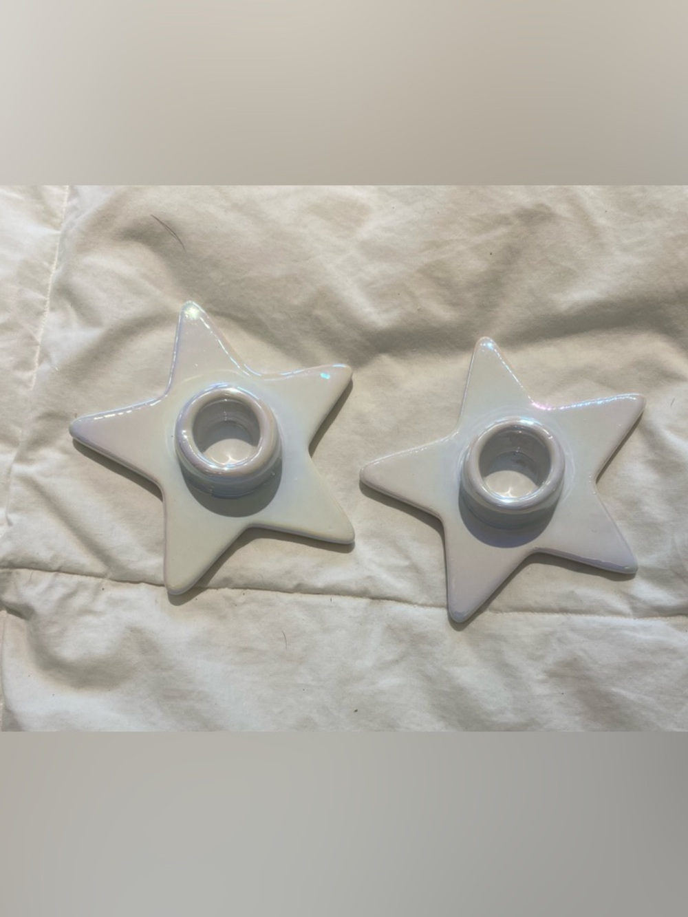 Set of 2 Iridescent Ceramic Star Taper Candle Holders White